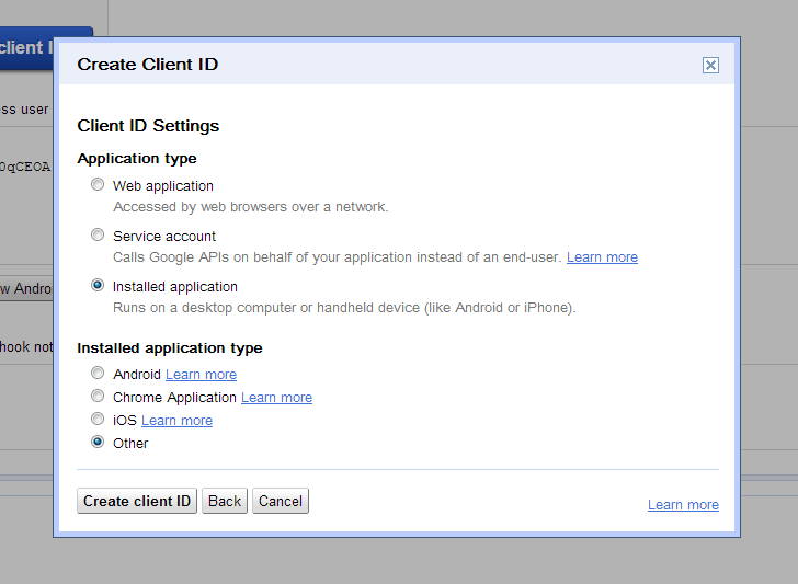 googledrive create client id