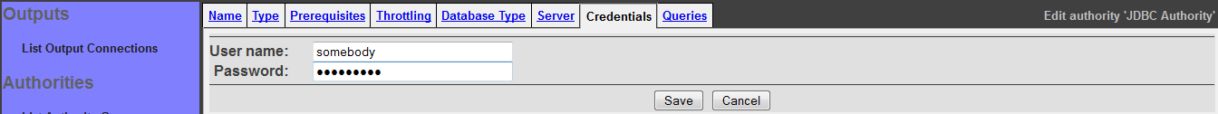 Generic Database Authority Connection, Credentials tab