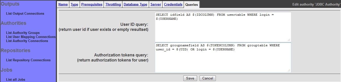 Generic Database Authority Connection, Queries tab