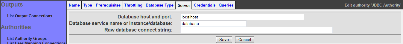 Generic Database Authority Connection, Server tab