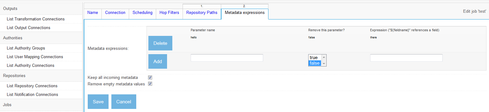 Metadata Adjuster specification, Metadata Expressions tab