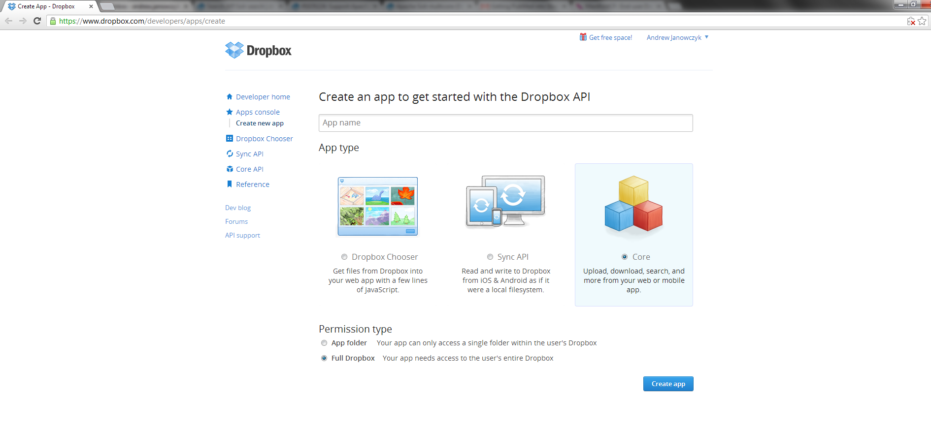 Dropbox create application