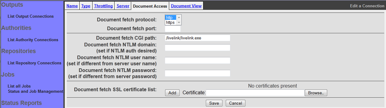 LiveLink Connection, Document Access tab