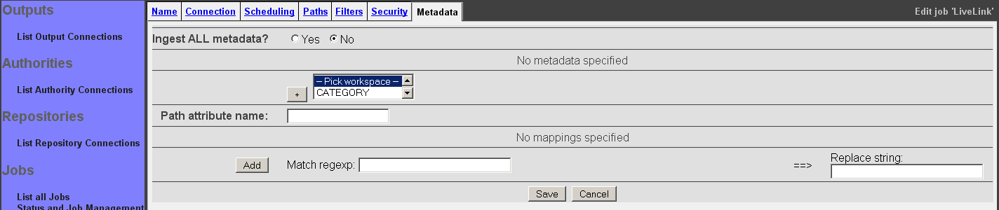 LiveLink Job, Metadata tab