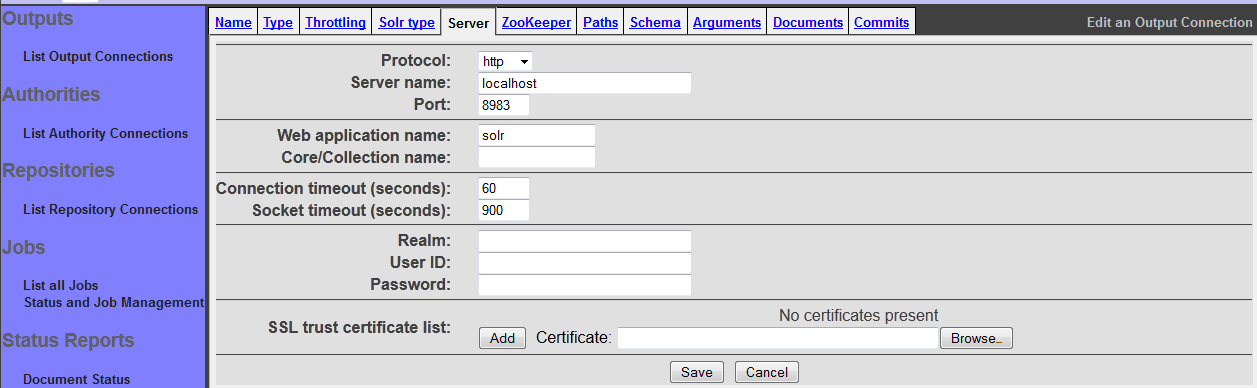 Solr Configuration, Server tab