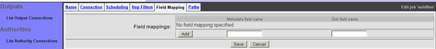 Solr Specification, Field Mapping tab