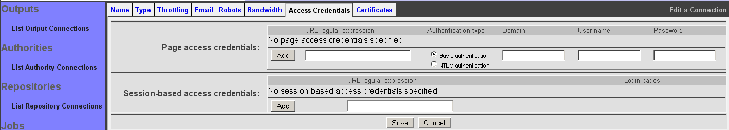 Web Connection, Access Credentials tab