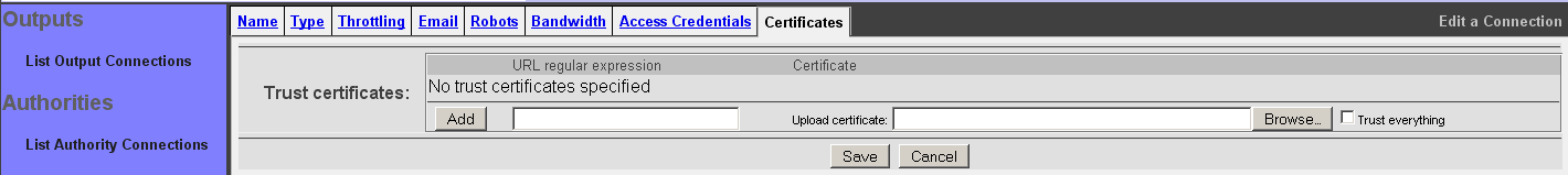Web Connection, Certificates tab