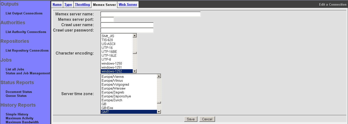 Memex Connection, Memex Server tab