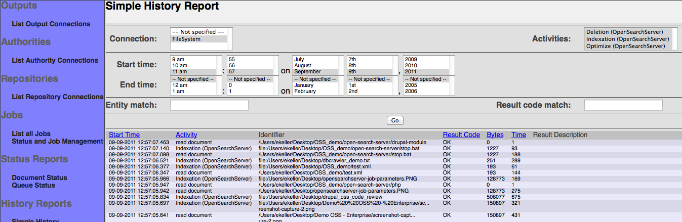 OpenSearchServer, history report