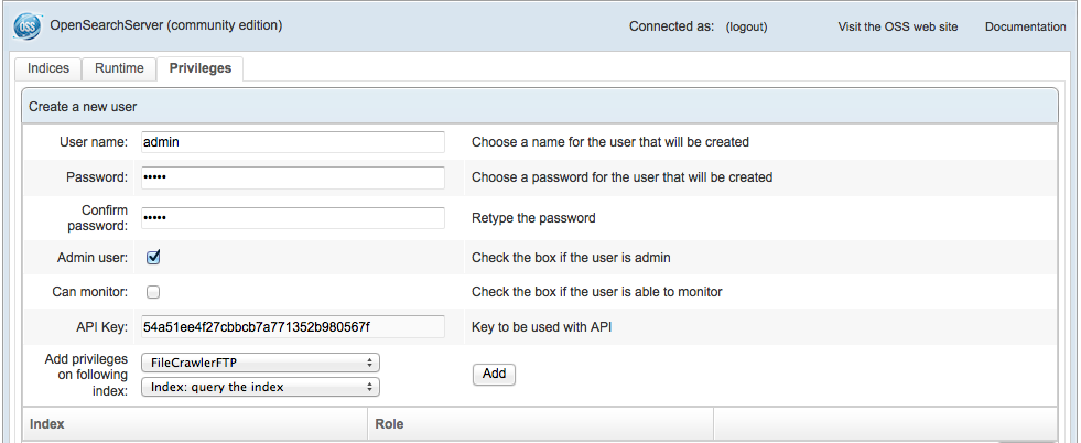 OpenSearchServer, user configuration