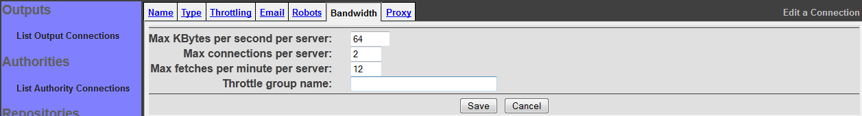 RSS Connection, Bandwidth tab
