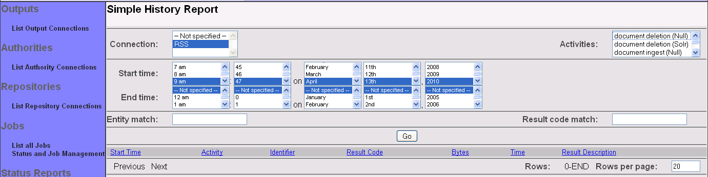 Simple History Report, select activities