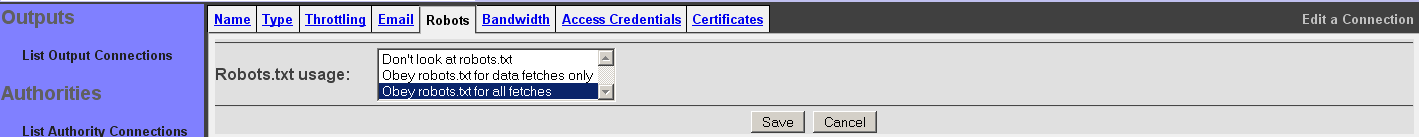 Web Connection, Robots tab