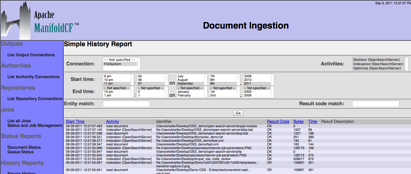 OpenSearchServer, history report