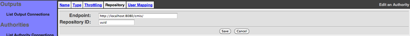 CMIS Authority, Repository configuration