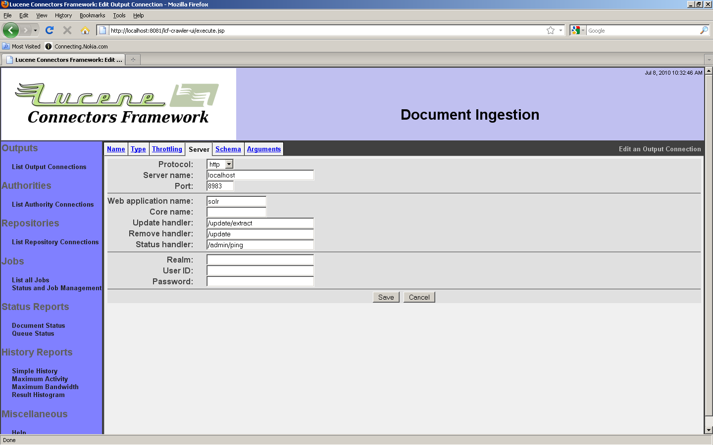 Solr Configuration, Server tab