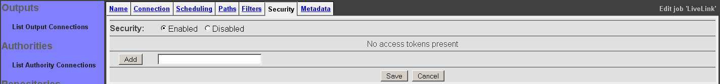 LiveLink Job, Security tab