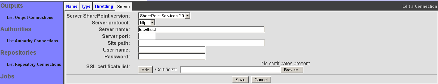 SharePoint Connection, Server tab