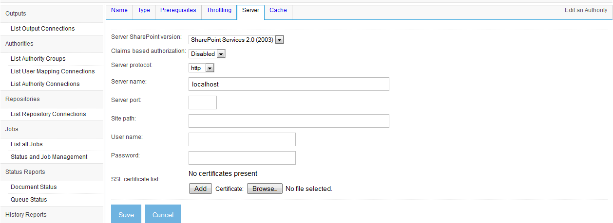 SharePoint Native Authority, Server tab