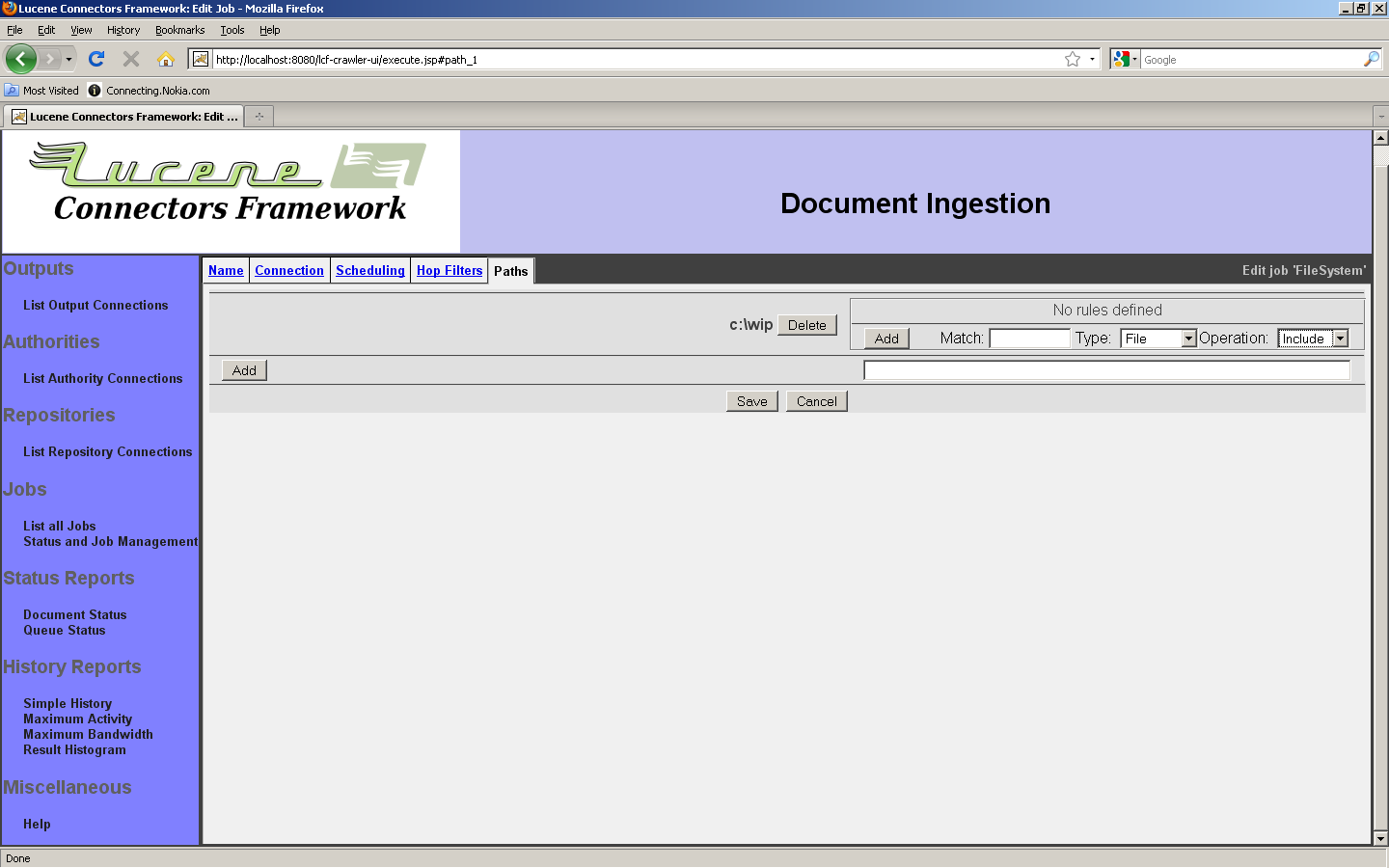 File System Connection, Paths tab