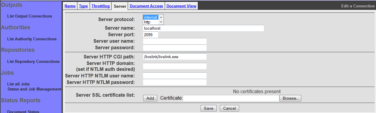 LiveLink Connection, Server tab