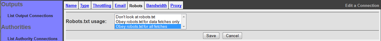 RSS Connection, Robots tab
