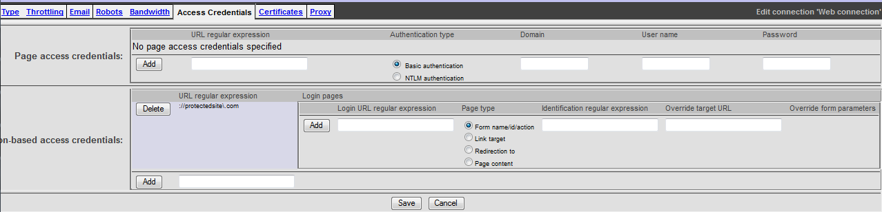 Web Connection, Access Credentials tab