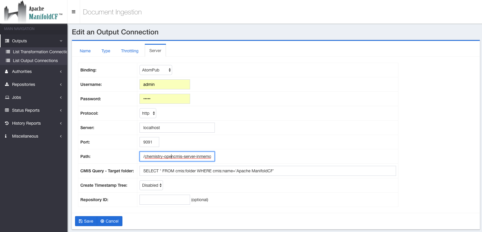 CMIS Output Connection, configuration parameters