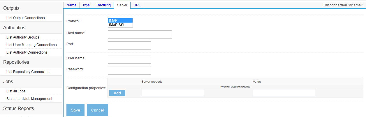 Email Connection, Server tab