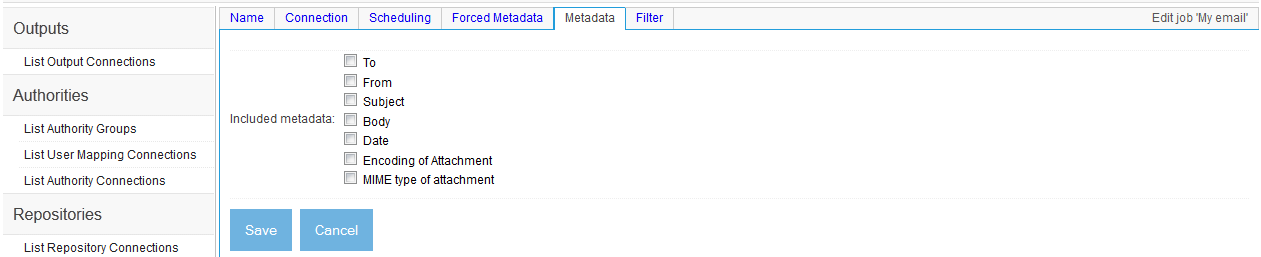 Email Job, Metadata tab