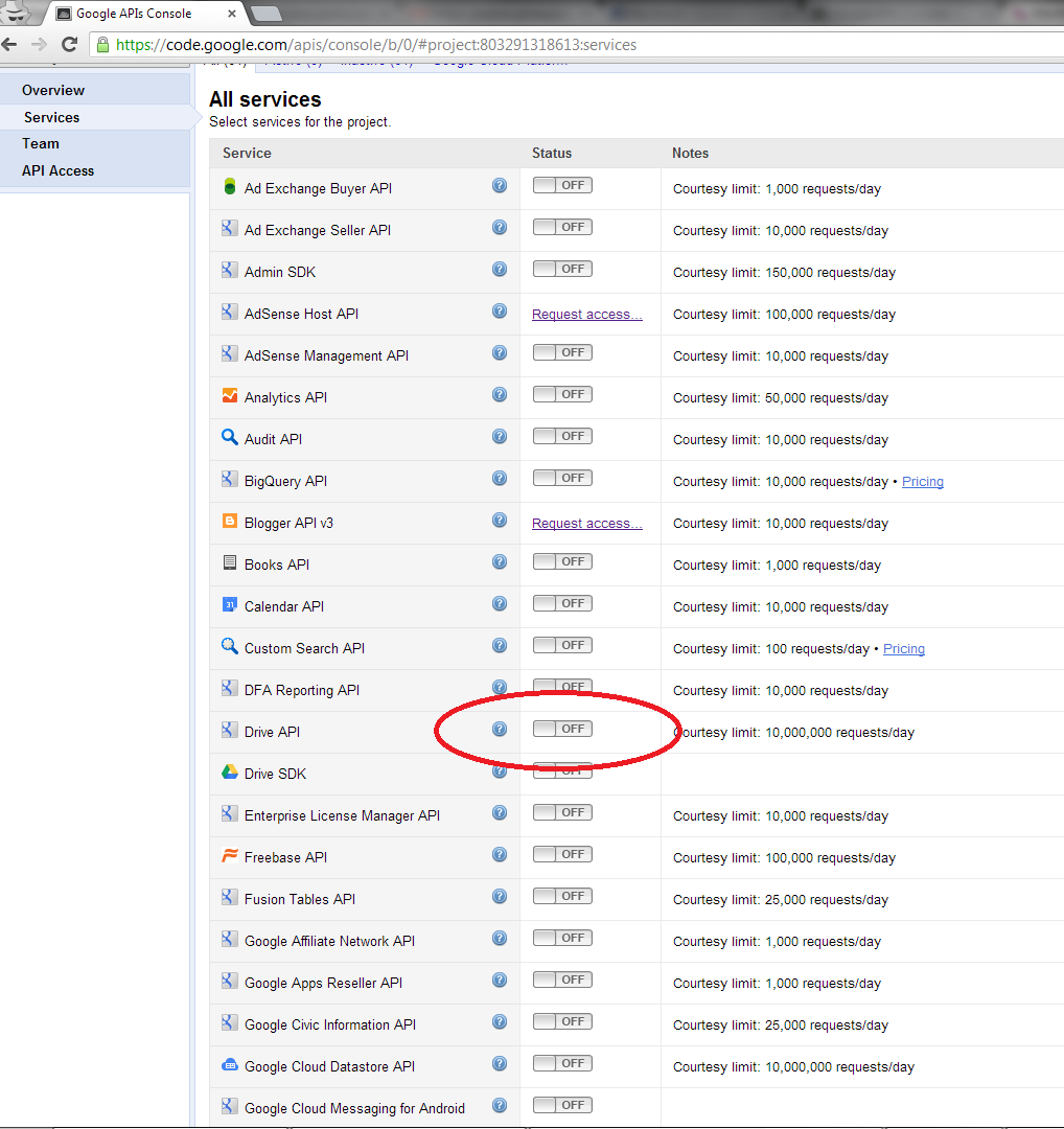 googledrive enable drive api