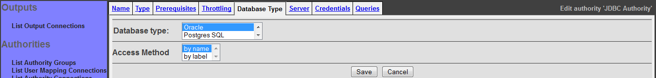 Generic Database Authority Connection, Database Type tab