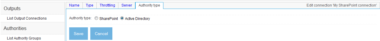 SharePoint Connection, Authority type tab