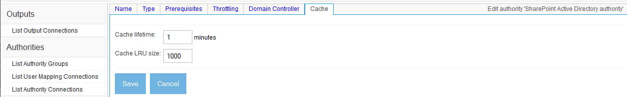 SharePoint AD Configuration, Cache tab