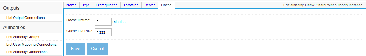 SharePoint Native Authority, Cache tab