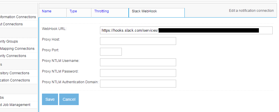 Slack Notification Connection, Slack WebHook tab