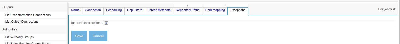 Tika Content Extractor specification, Exceptions tab
