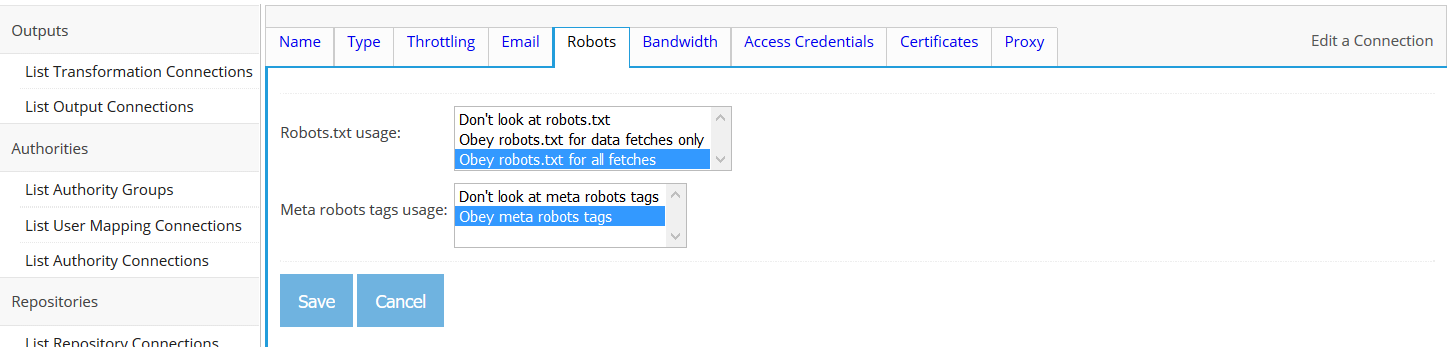 Web Connection, Robots tab