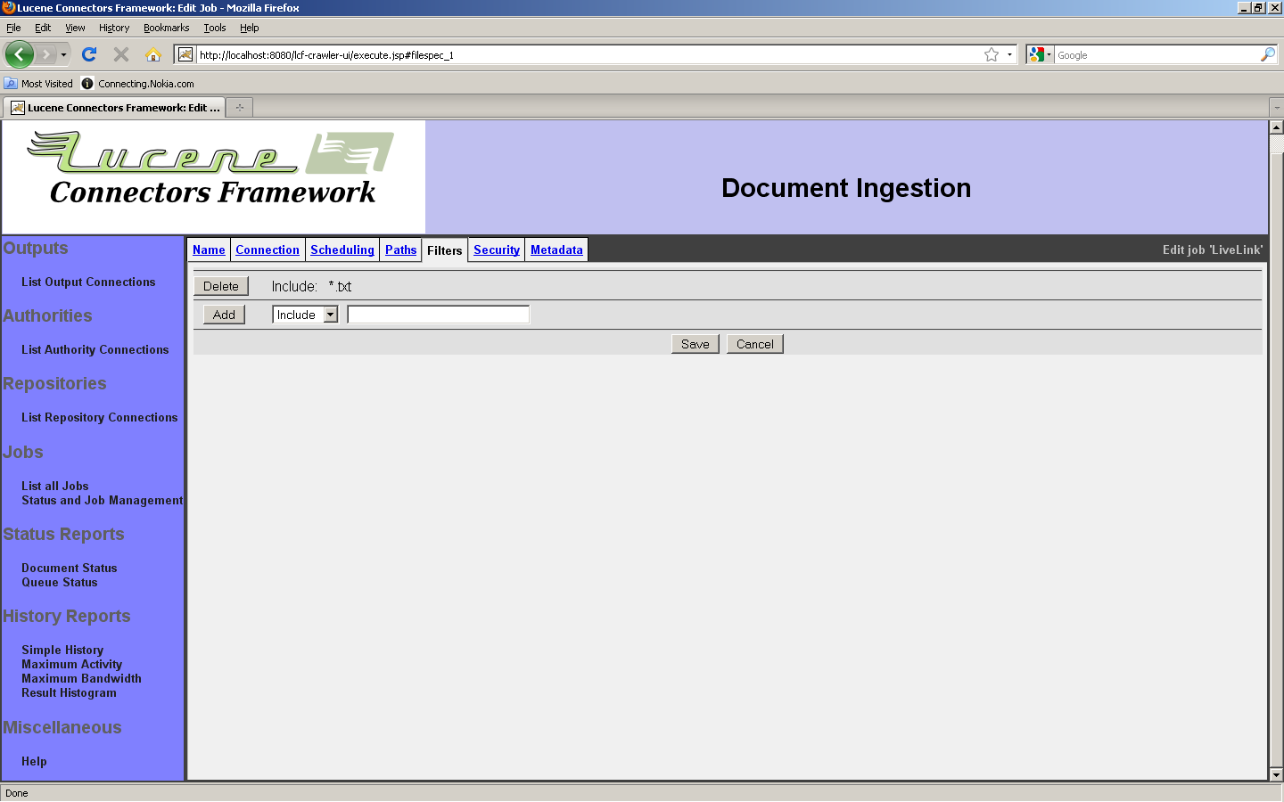 LiveLink Job, Filters tab