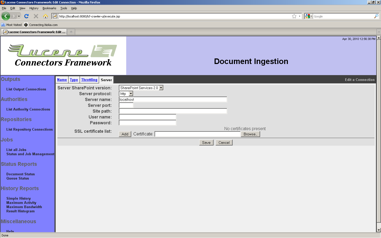 SharePoint Connection, Server tab