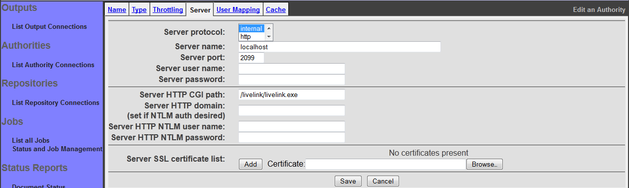 LiveLink Authority, Server tab