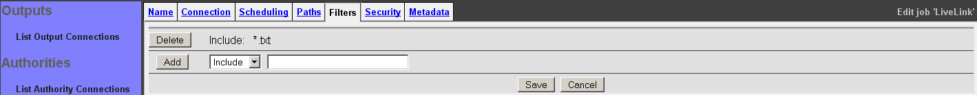 LiveLink Job, Filters tab