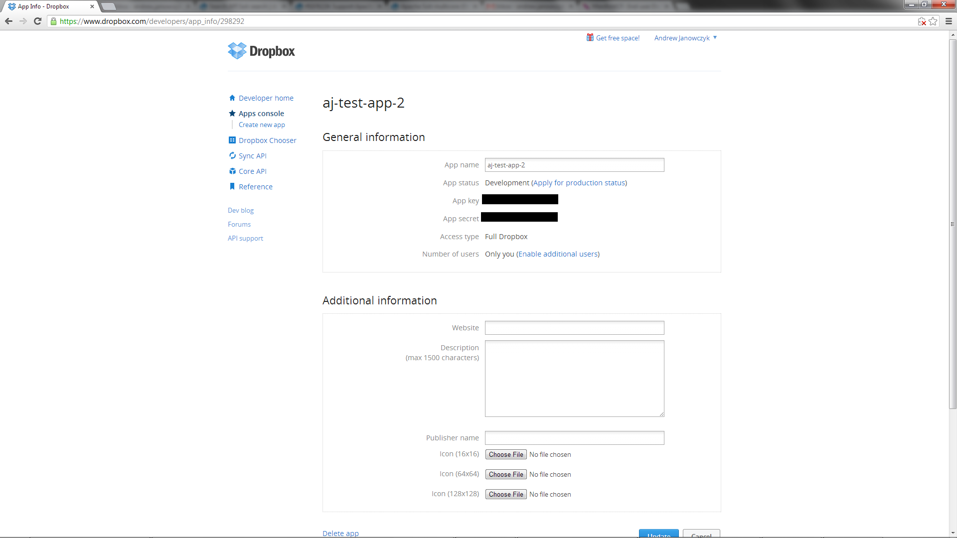Dropbox get key and secret passwords