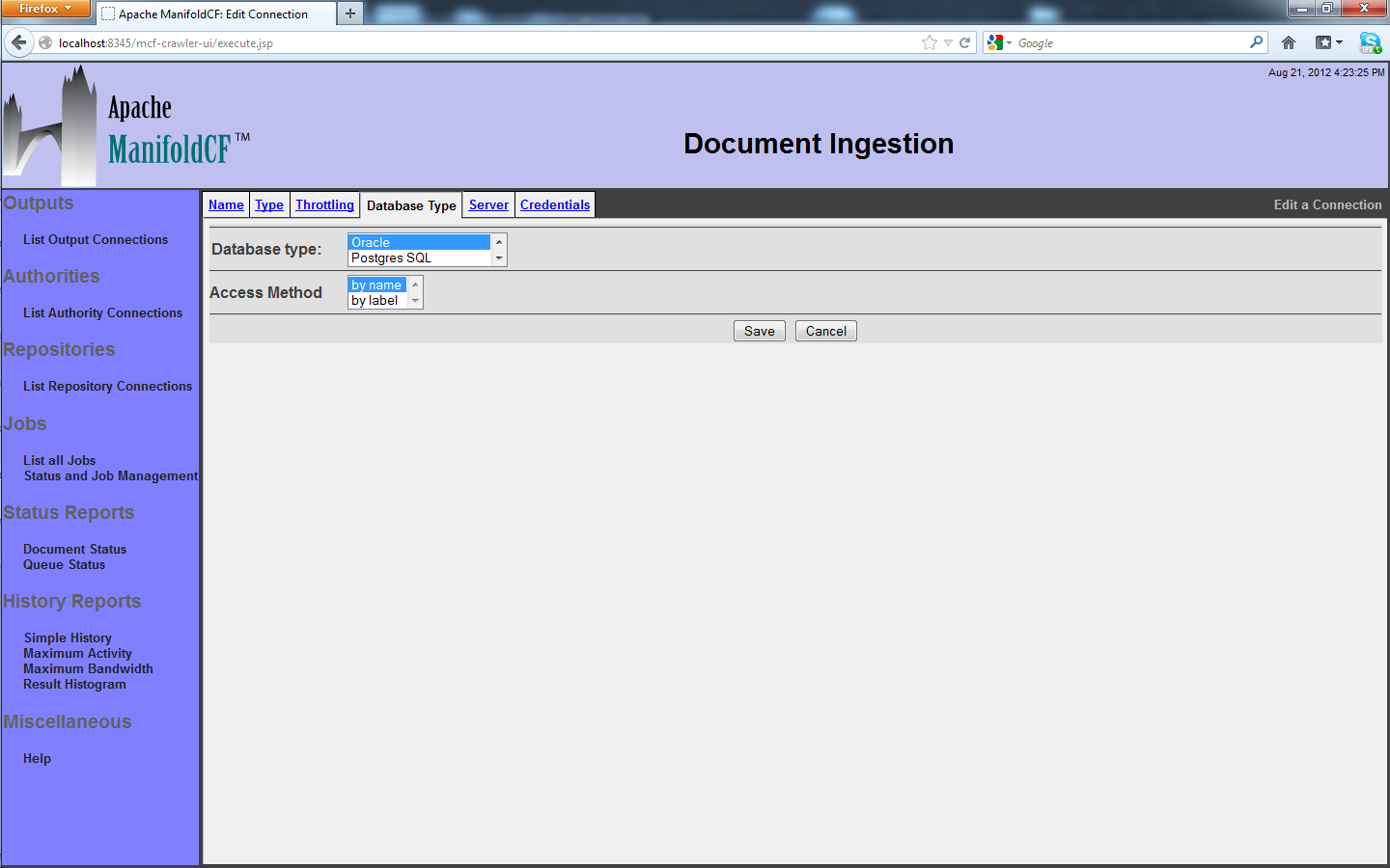 Generic Database Connection, Database Type tab