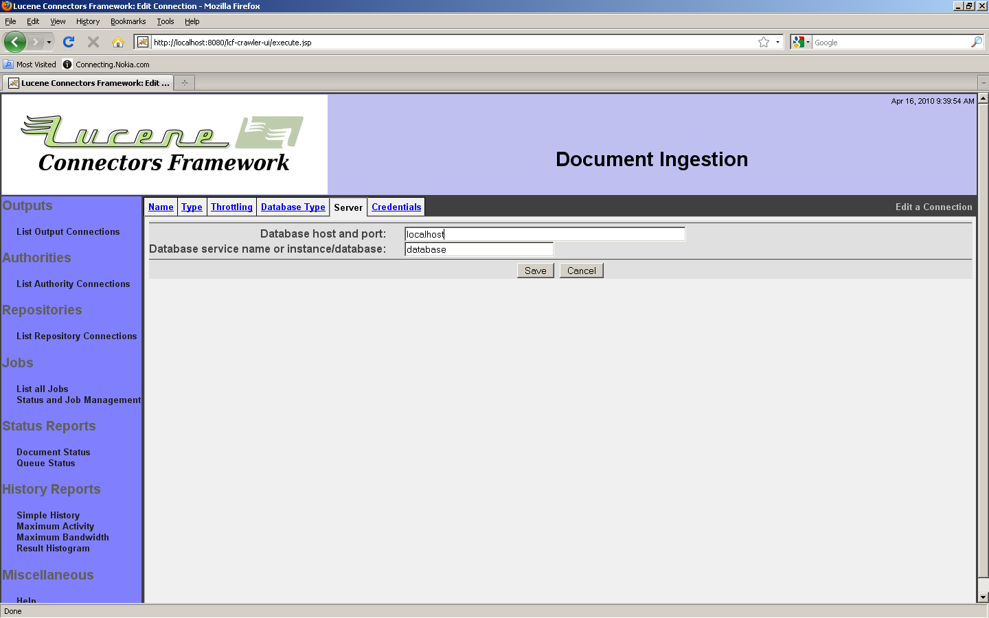 Generic Database Connection, Server tab