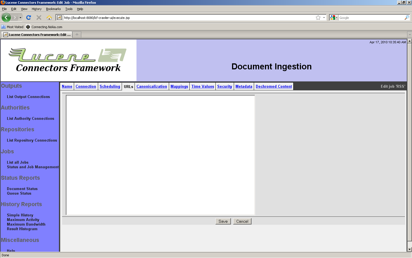RSS job, URLs tab
