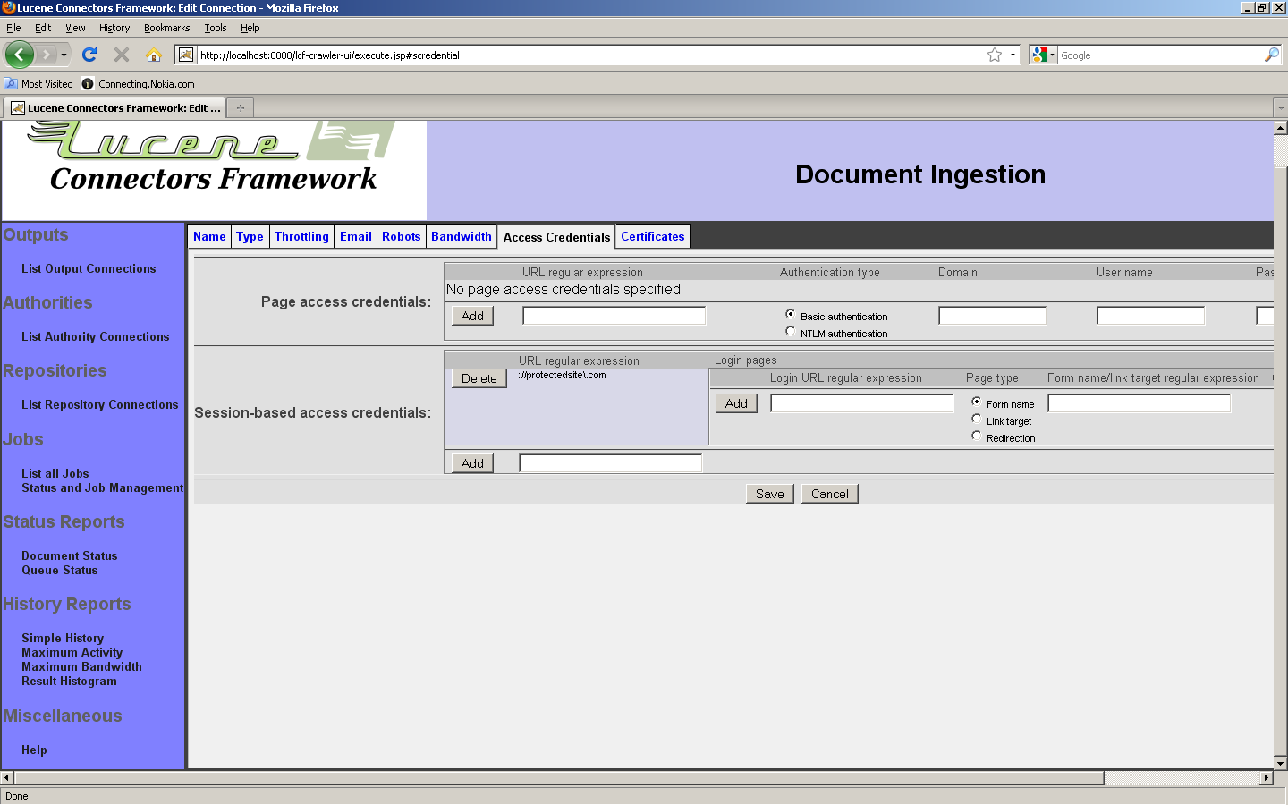 Web Connection, Access Credentials tab