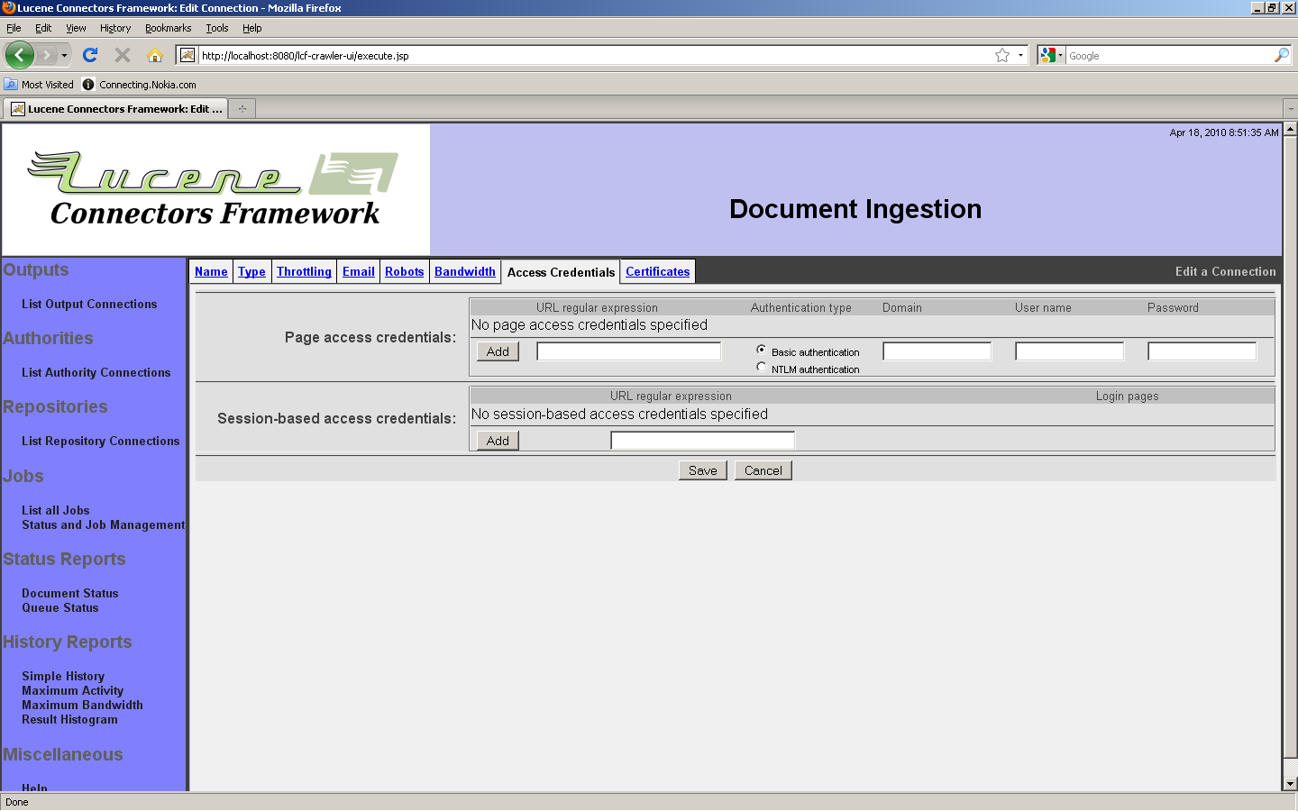 Web Connection, Access Credentials tab