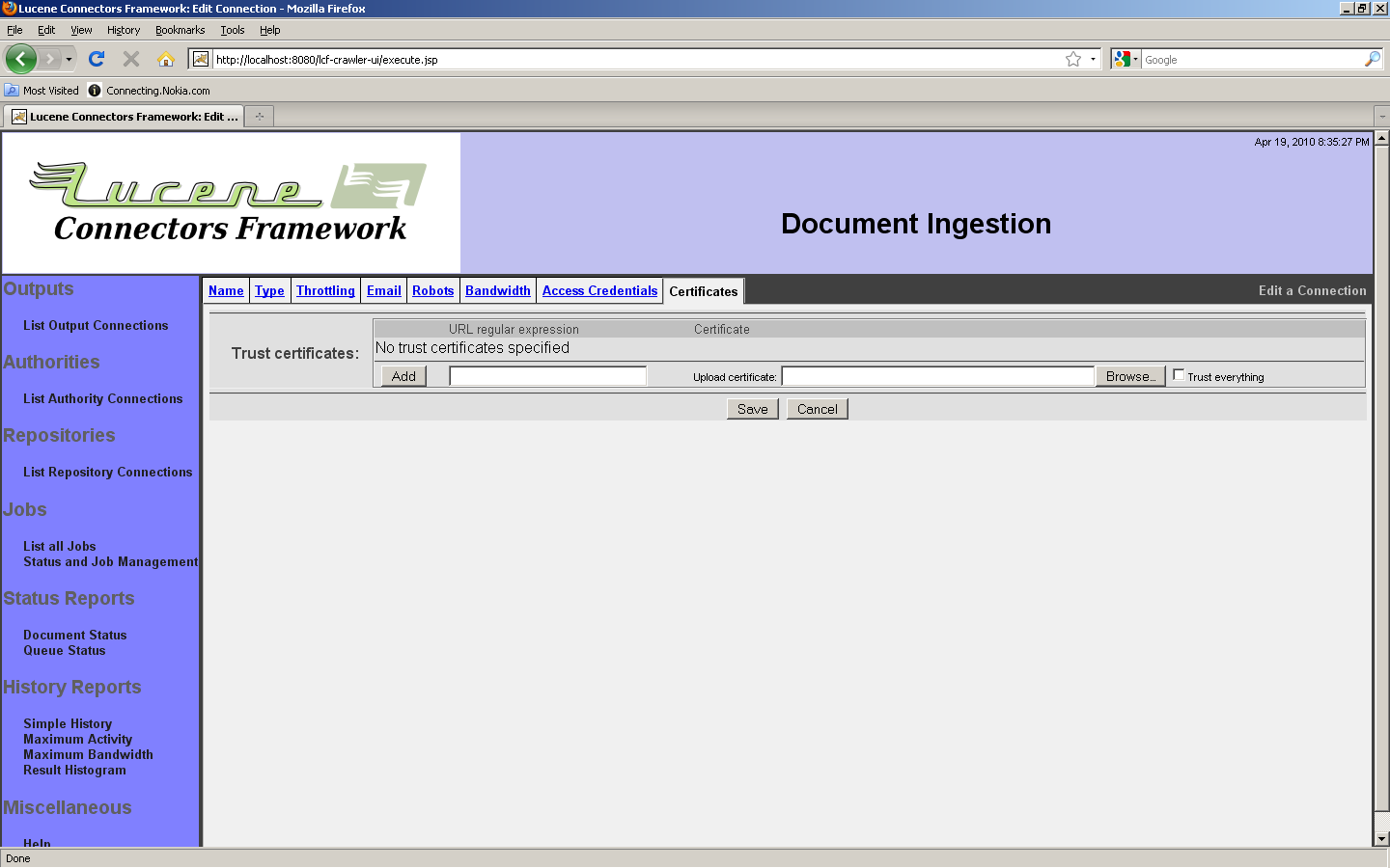 Web Connection, Certificates tab